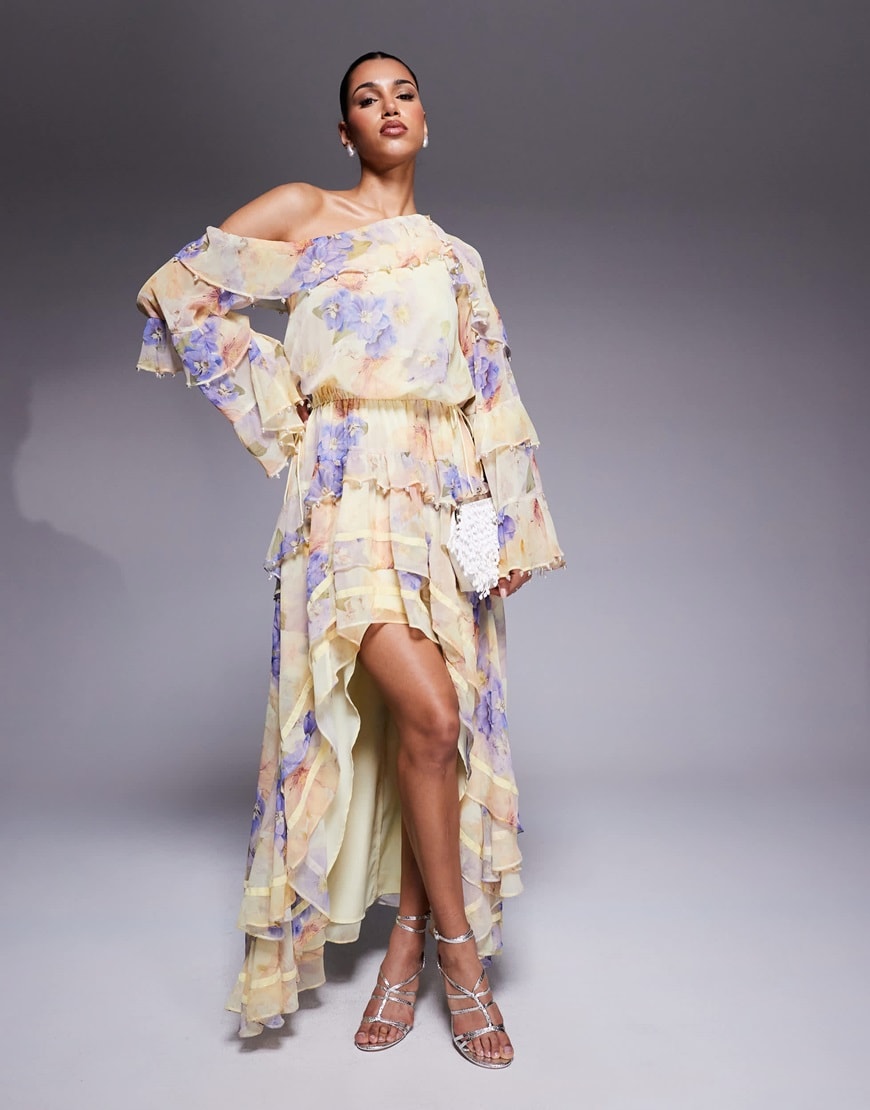 ASOS DESIGN extreme double puff strappy maxi dress with high low hem in floral print | ASOS Style Feed