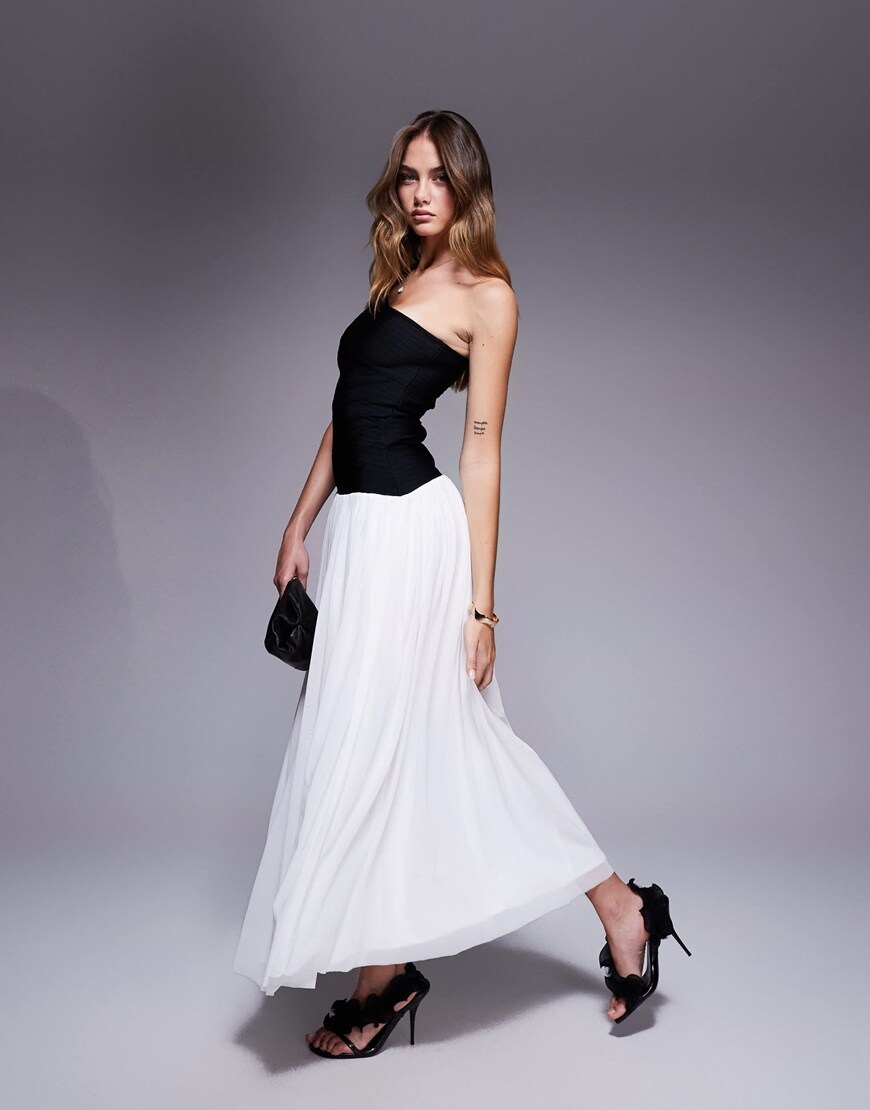 Rare London asymmetric pleated maxi dress in monochrome | ASOS Style Feed