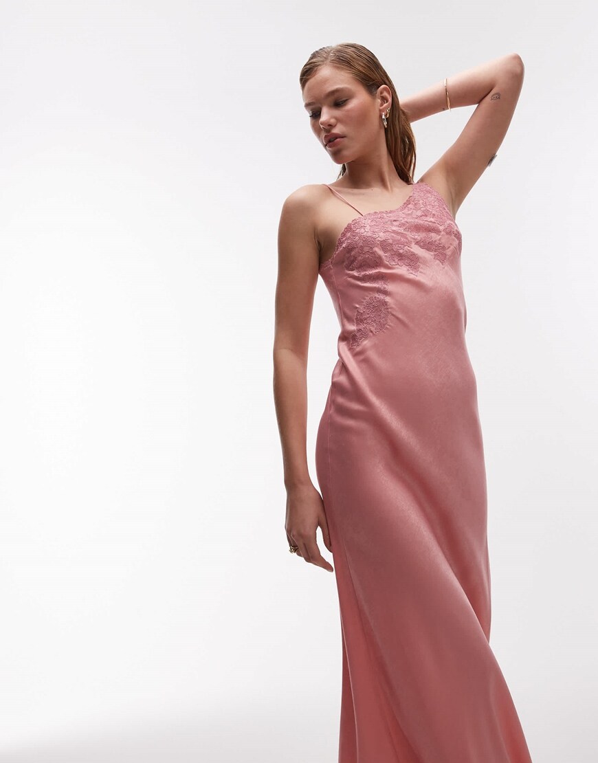 Topshop one shoulder cutwork lace detail maxi dress in pink | ASOS Style Feed