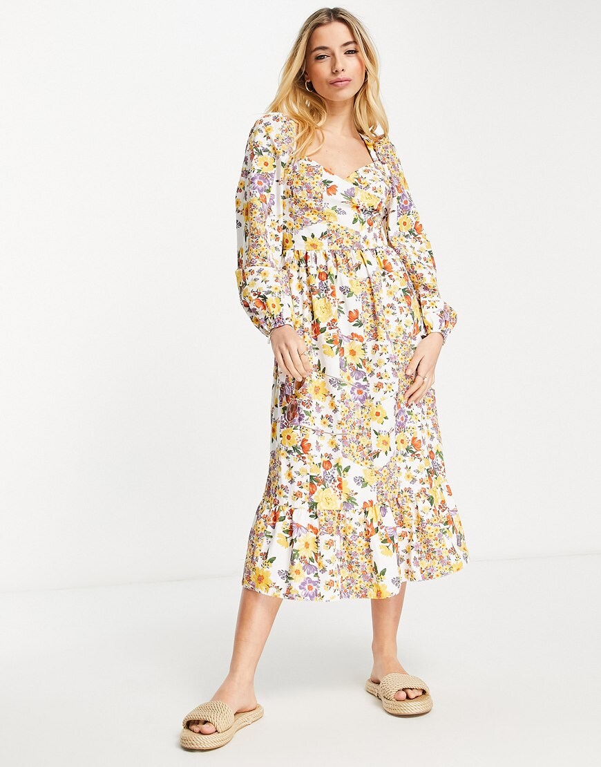 Miss Selfridge poplin bow back midi dress in patchwork floral | ASOS Style Feed