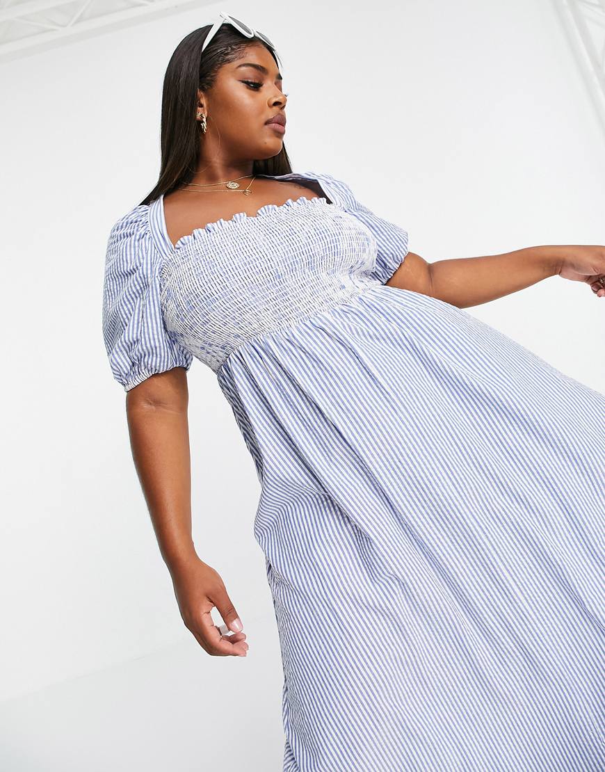 ASOS DESIGN Curve shirred bustier maxi dress with puff sleeve in seersucker in blue white stripe print | ASOS Style Feed
