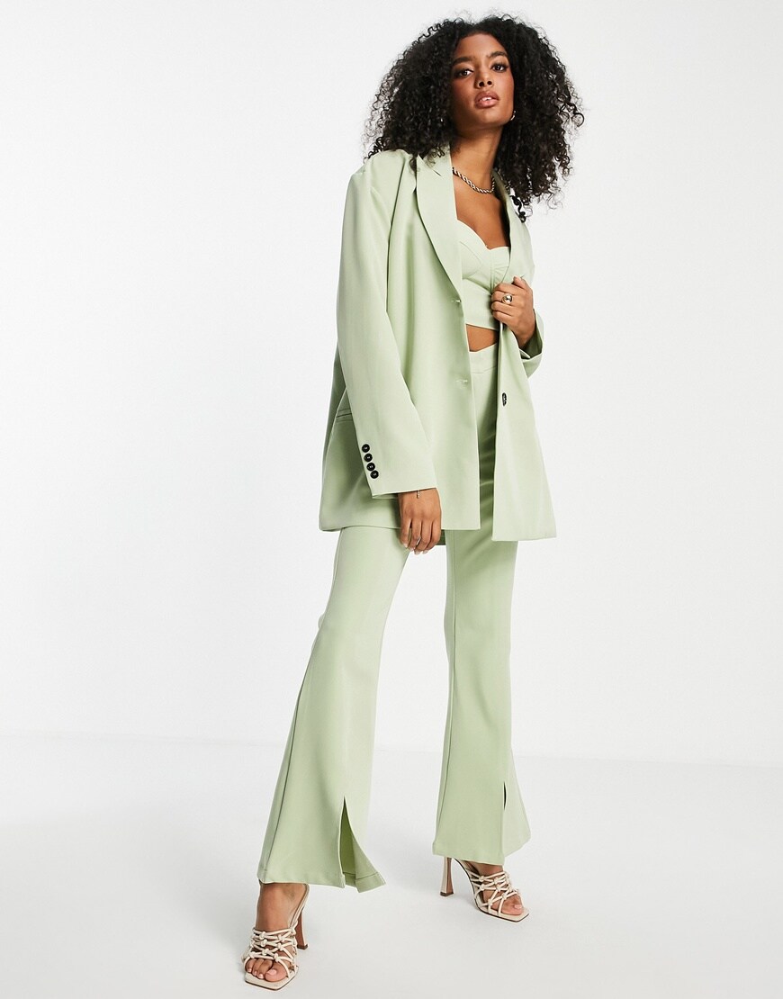 Extro & Vert super slouchy blazer, crop bralette and flare leg trouser co-ord in | ASOS Style Feed