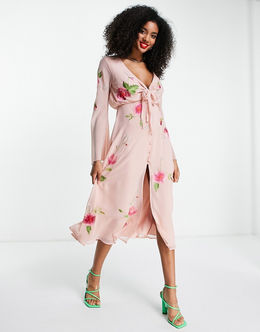 ASOS DEISGN tie front button through midi dress with floral embroidery in blush | ASOS Style Feed