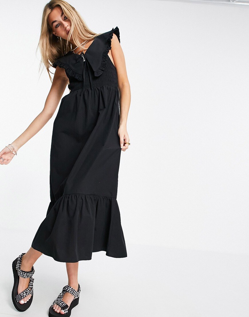 Topshop oversized collar shirred midi dress in black | ASOS Style Feed