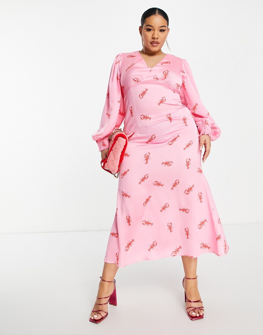 Never Fully Dressed Plus balloon sleeve maxi dress in lobster print | ASOS Style Feed