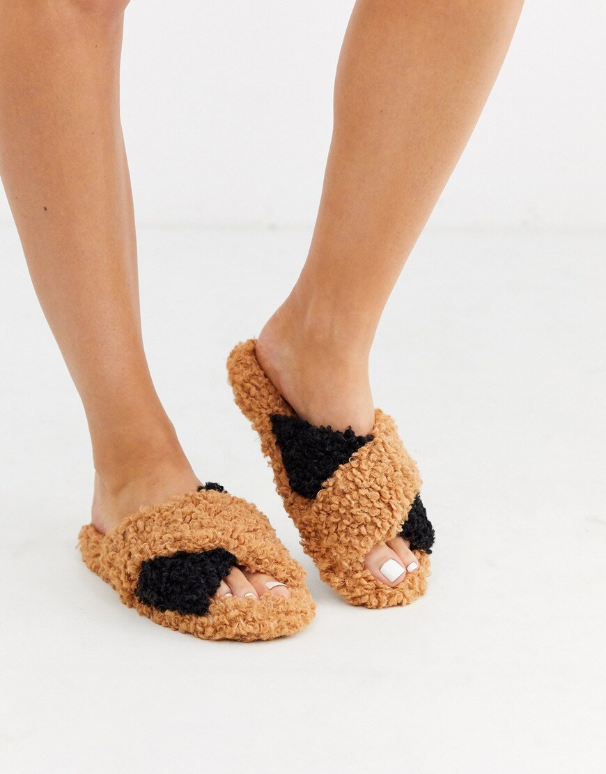 ASOS DESIGN borg slippers in brown and black