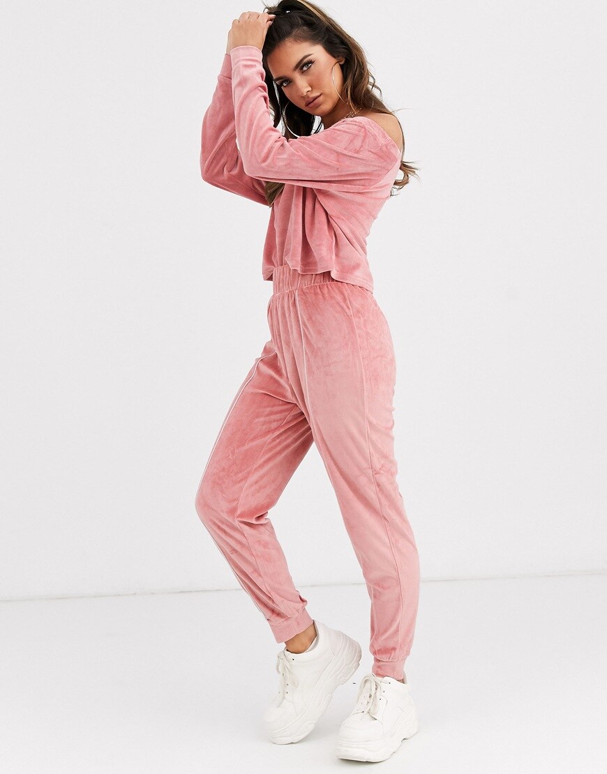ASOS DESIGN pink velour joggers, available at ASOS