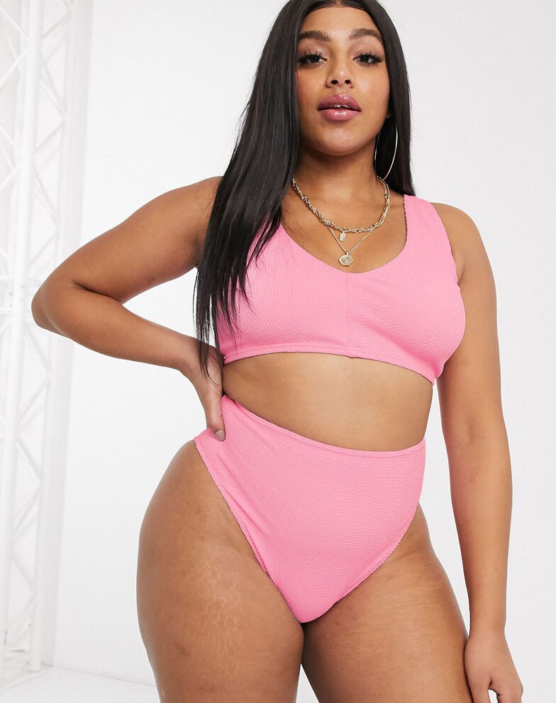 ASOS DESIGN curve v front crinkle crop bikini top in dolly pink | ASOS