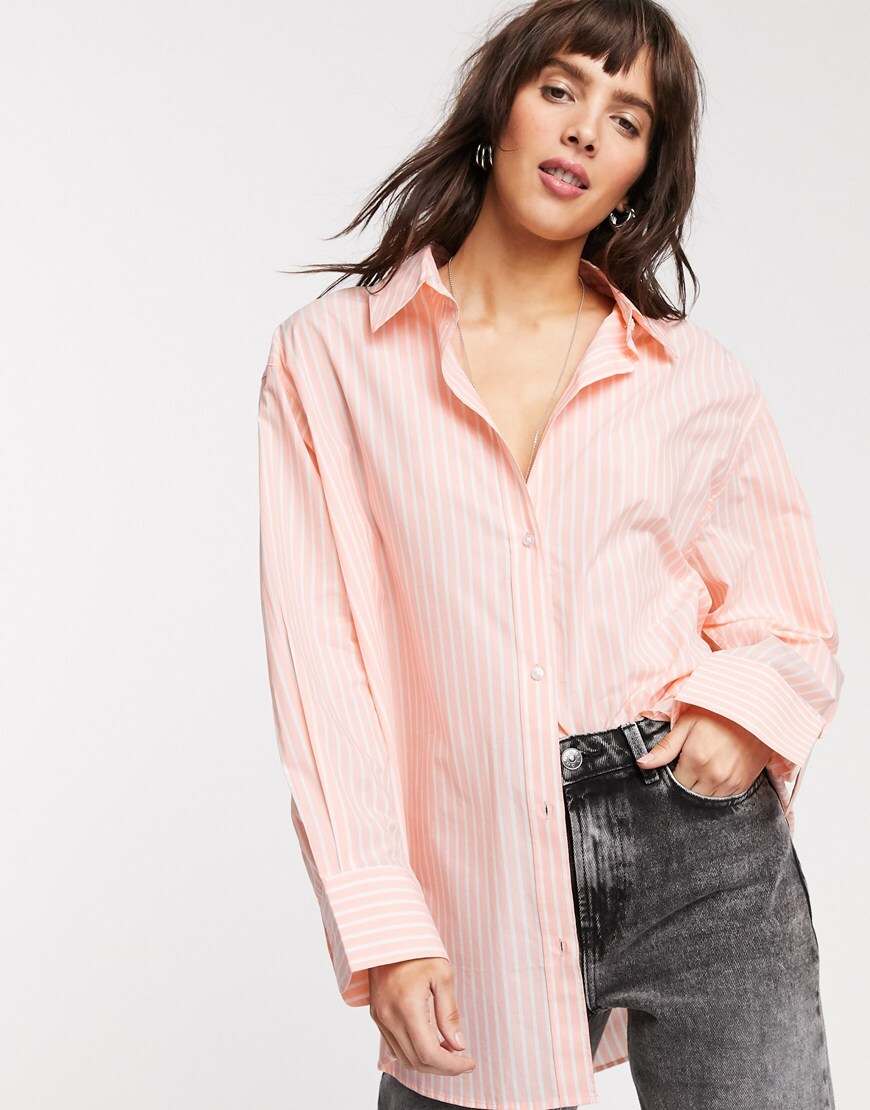 Weekday Edyn organic cotton poplin shirt in pink and white stripe | ASOS