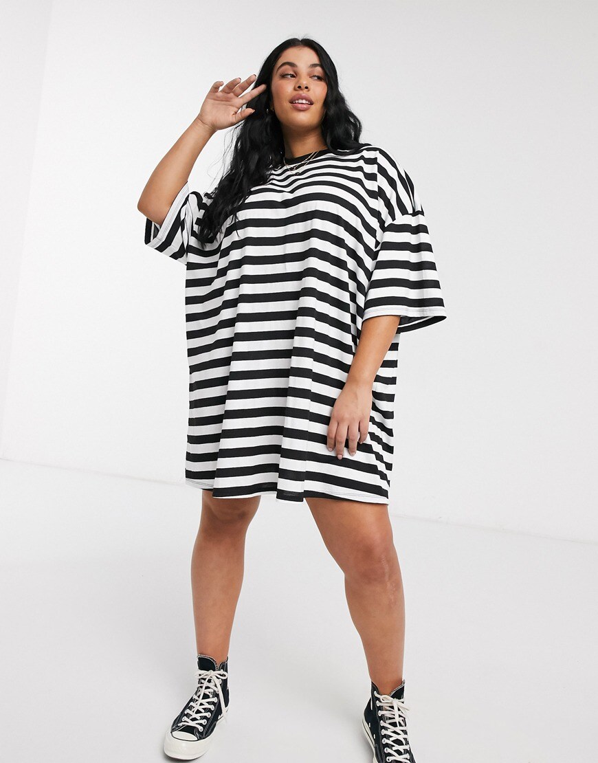 ASOS DESIGN Curve super oversized t-shirt dress in black and white stripe
