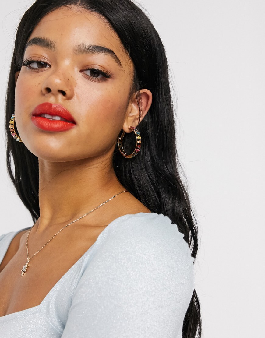 ASOS DESIGN gold plated hoop earrings with rainbow set crystals | ASOS Style Feed