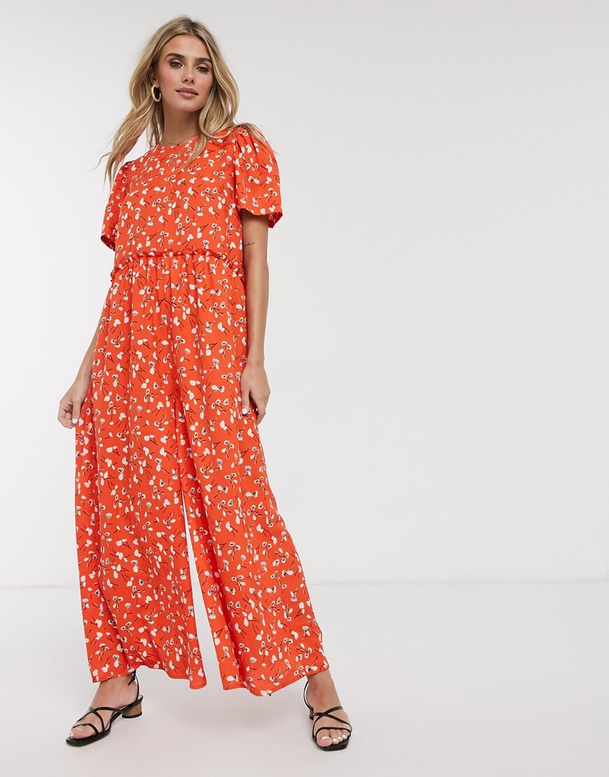 ASOS DESIGN tiered smock jumpsuit in red floral print | ASOS Style Feed