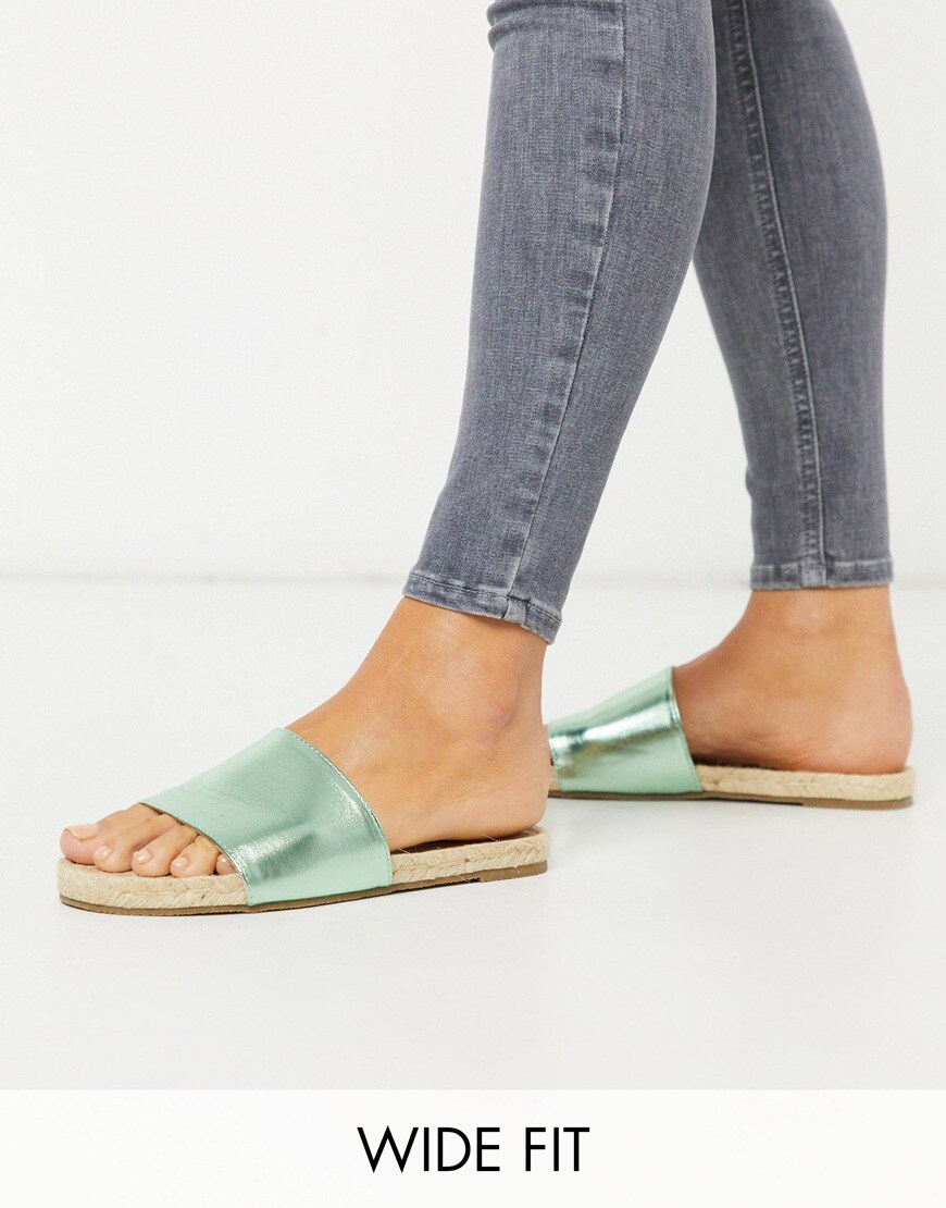 ASOS DESIGN Wide Fit Jagger espadrille mules in green metallic | ASOS Style Feed