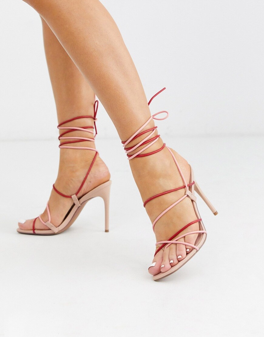 ASOS DESIGN Non Stop strappy tie leg heeled sandals in red and pink | ASOS Style Feed