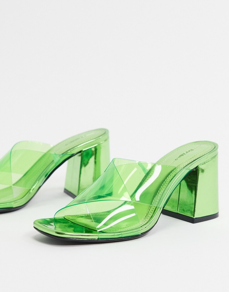 Bershka heeled mule with clear detail in green | ASOS Style Feed