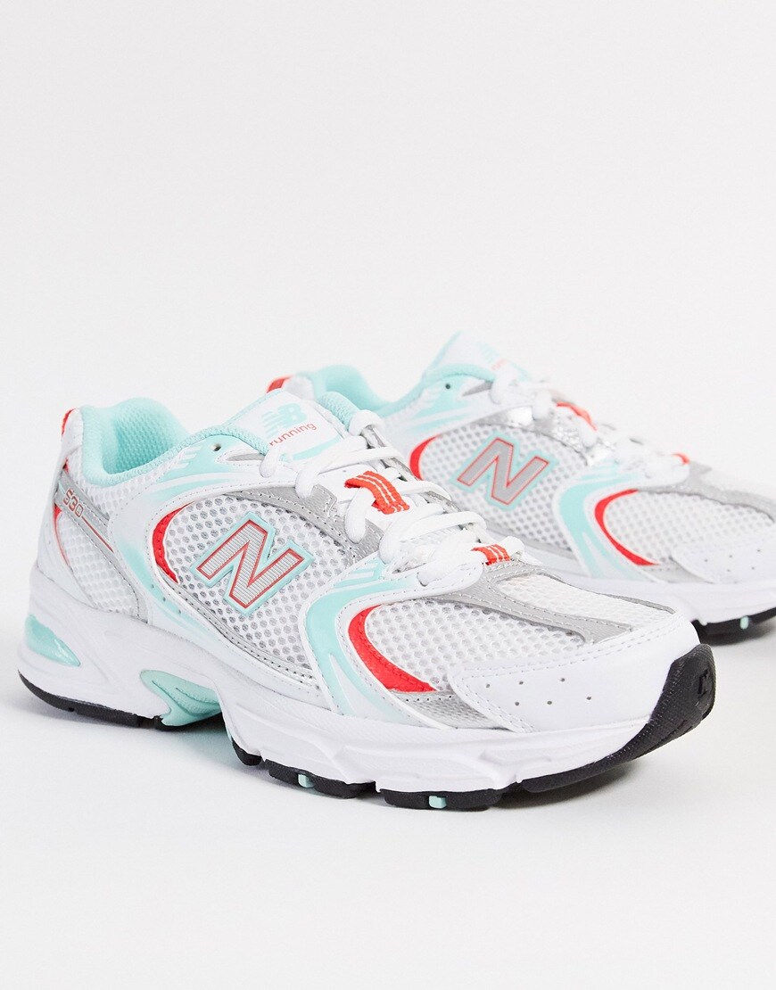 A picture of a pair of white red and blue chunky trainers by New Balance | ASOS STYLE FEED