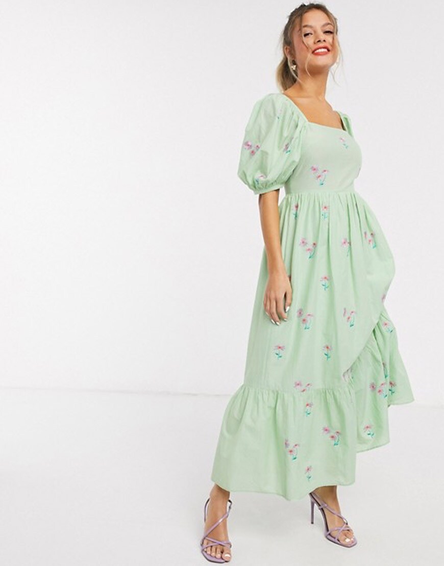 ASOS DESIGN all over embroidered cotton midi dress with lace up back in green | ASOS Style Feed