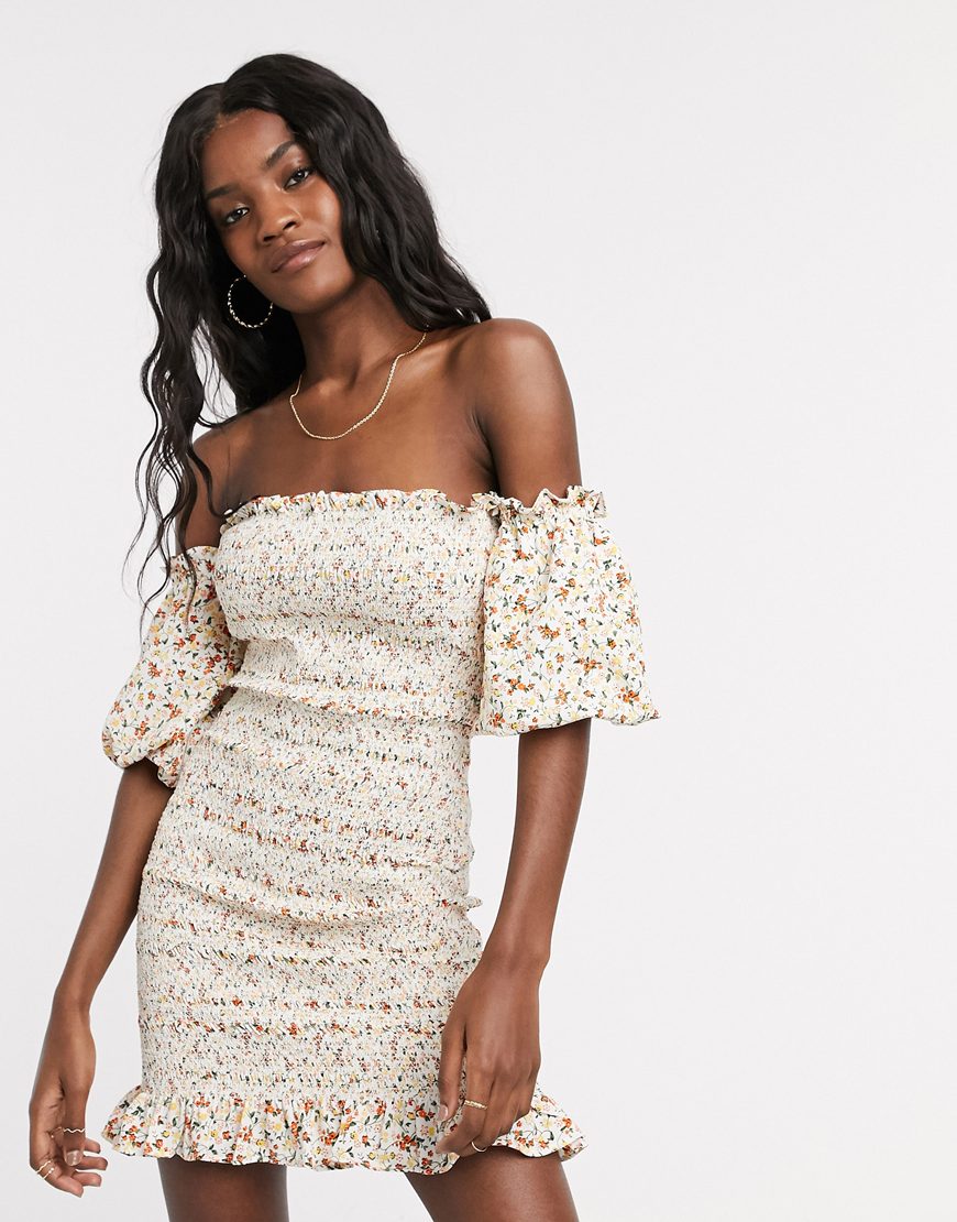 Topshop shirred bardot mini dress in ivory floral | ASOS Style Feed