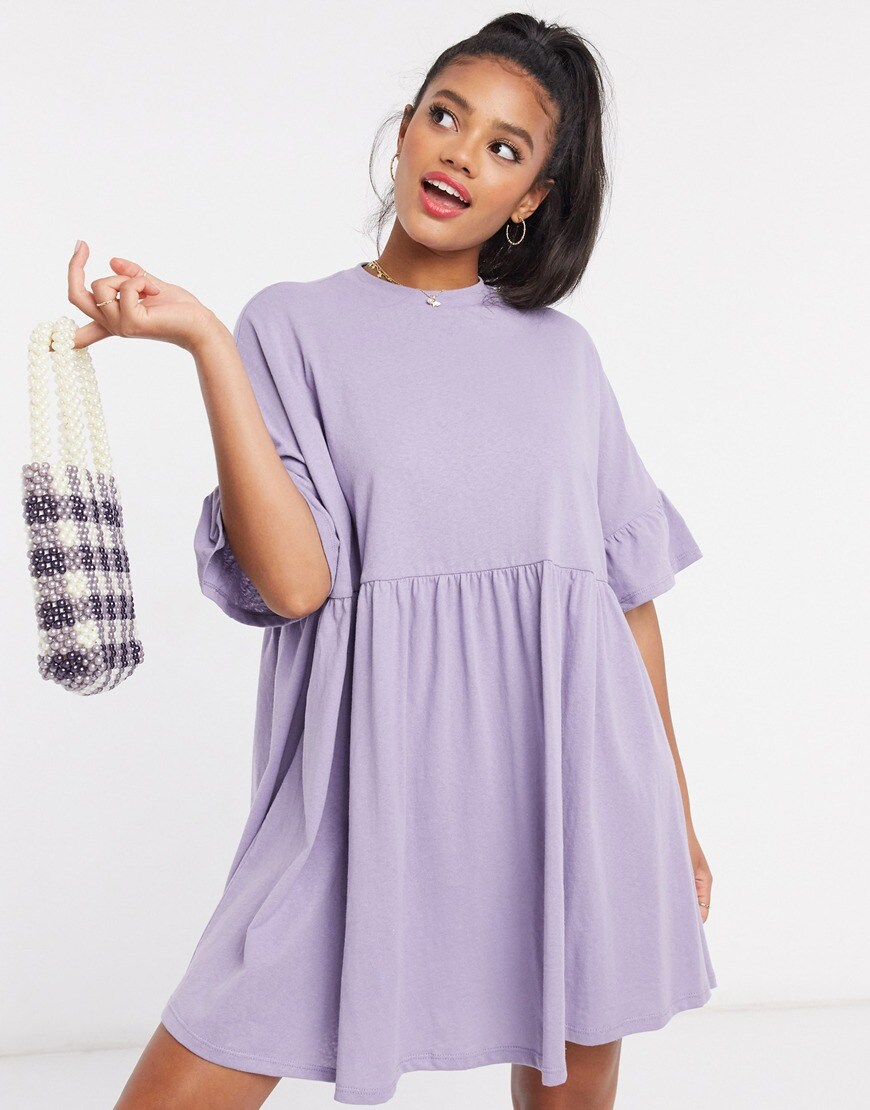 ASOS DESIGN super oversized frill sleeve smock dress in purple | ASOS Style Feed