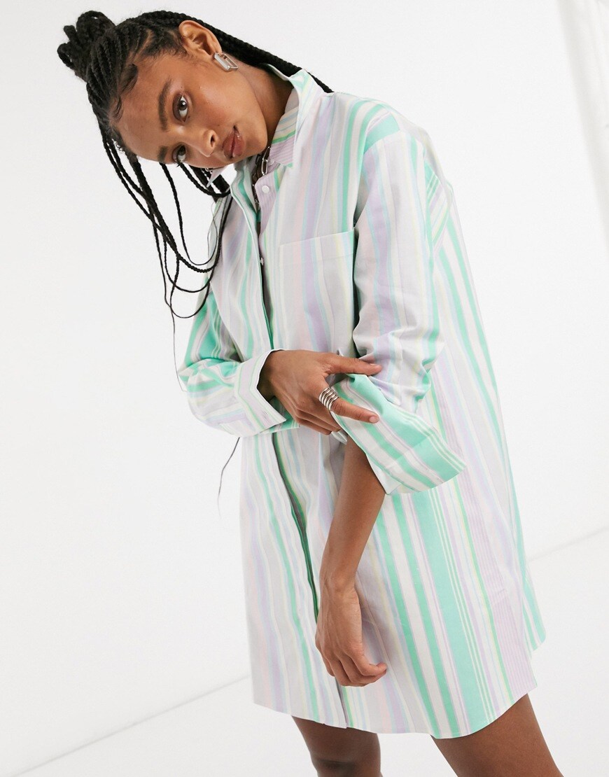 A picture of a model wearing a pastel-stripe shirt dress by COLLUSION. Available at ASOS |ASOS Style Feed