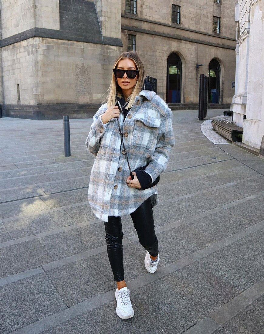 A picture of a model wearing a plaid shacket.  Available at ASOS |ASOS Style Feed