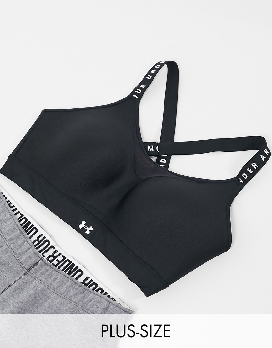 Flat lay of Under Armour plus size sports bra in black