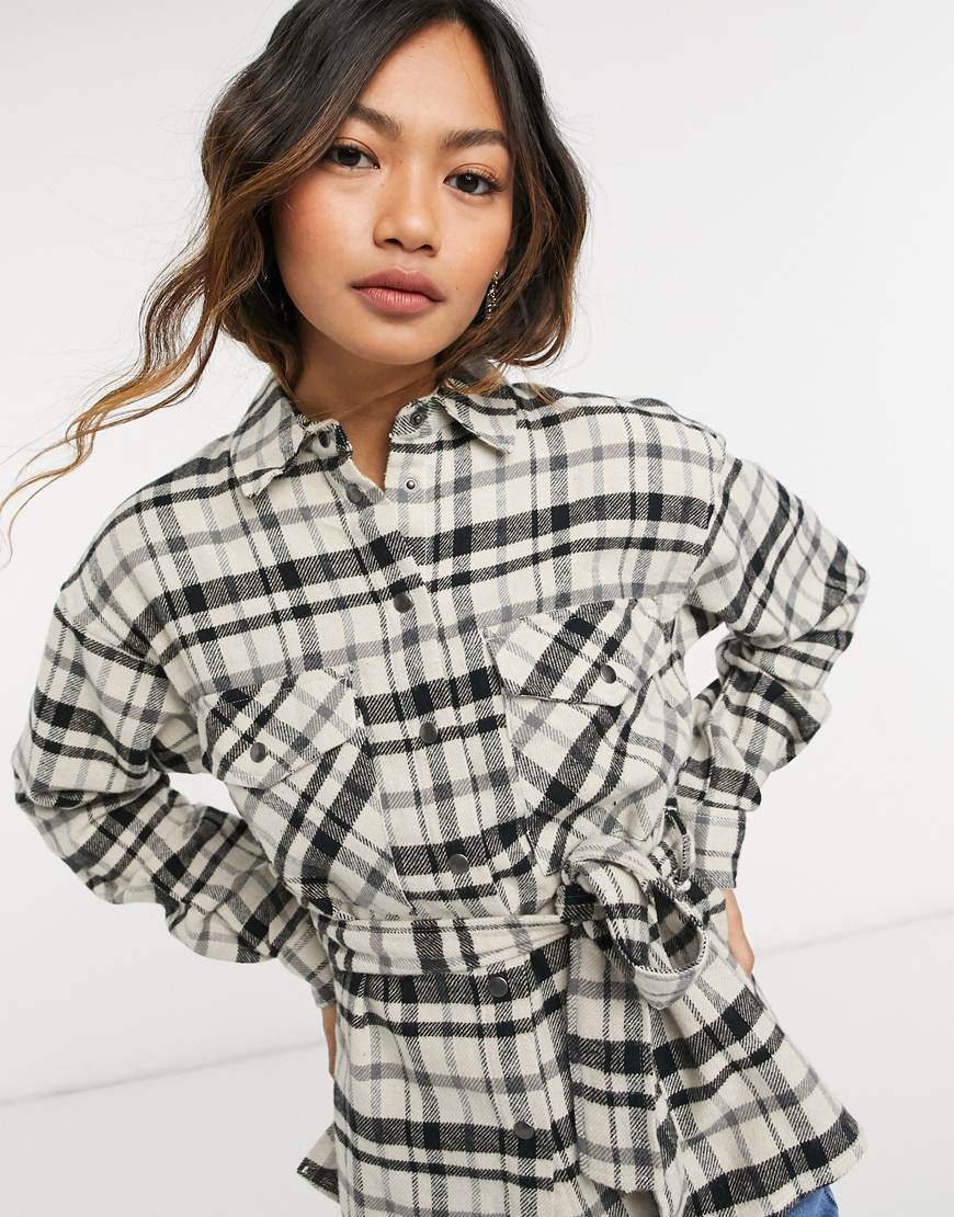 ASOS DESIGN shacket with belt detail in cream and black check | ASOS Style Feed
