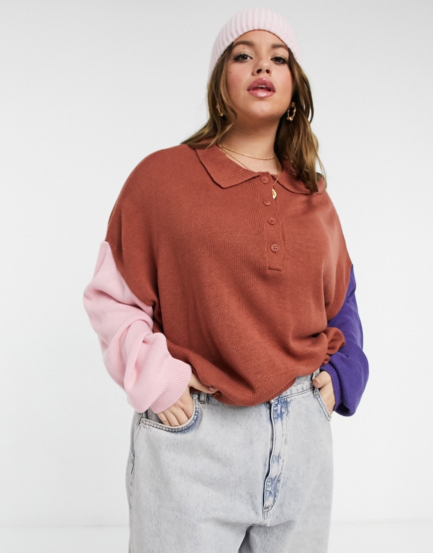 ASOS DESIGN Curve oversized rugby style jumper with collar in colour block | ASOS Style Feed