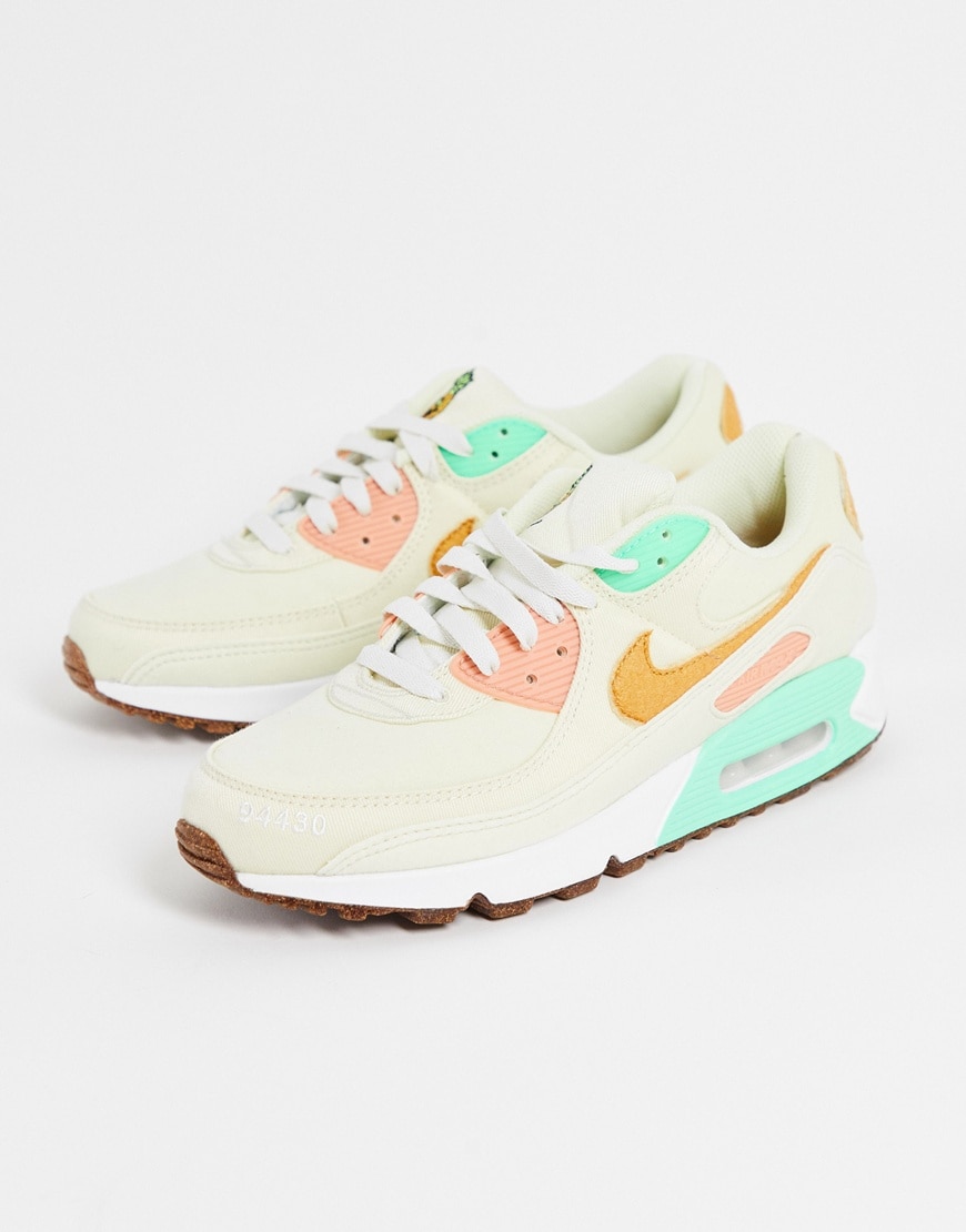 Nike Air Max 90 LX trainers in off white and green with pineappe embroidery | ASOS Style Feed
