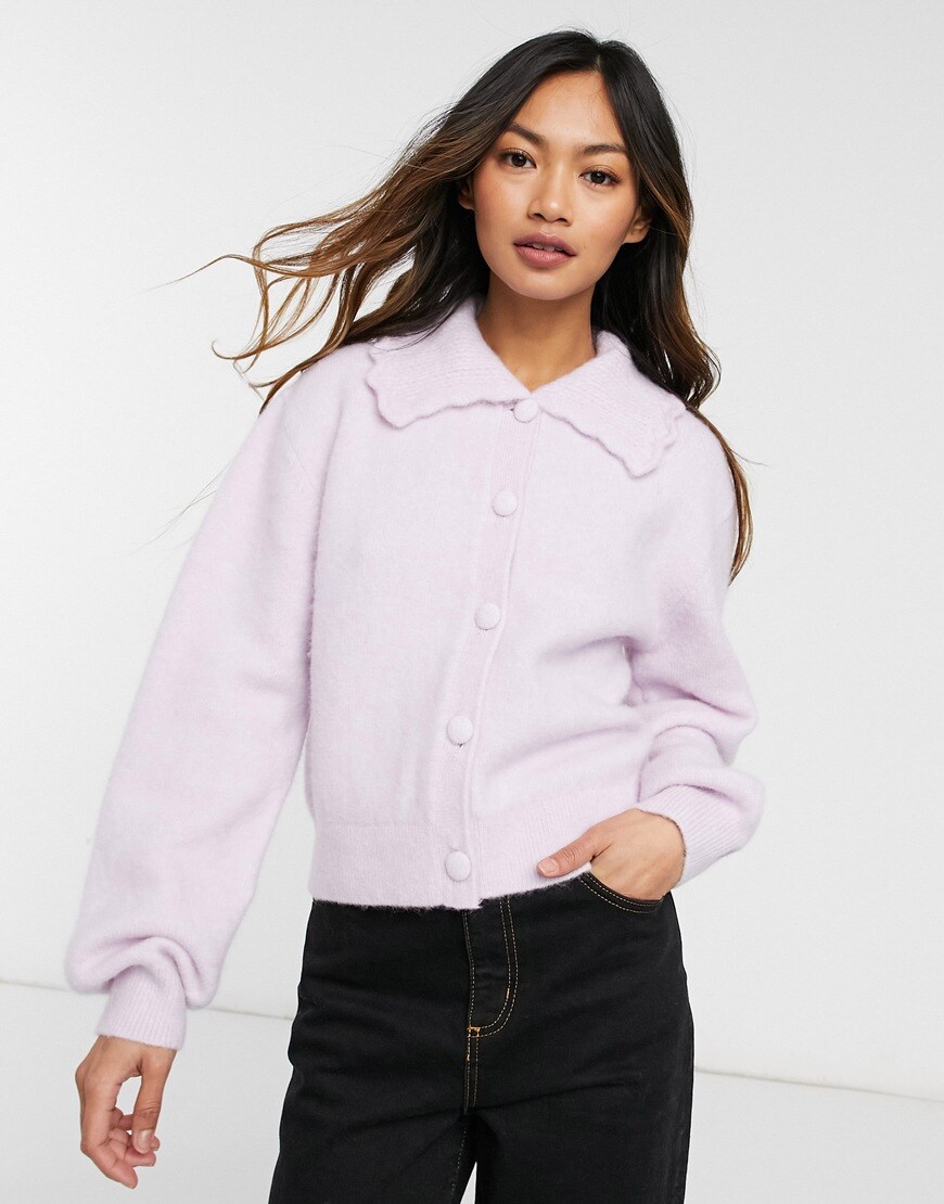 Model wearing & Other Stories collar detail cardigan in lilac