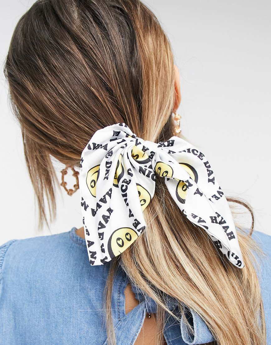 ASOS DESIGN bow hair scarf in have a nice day print | ASOS Style Feed