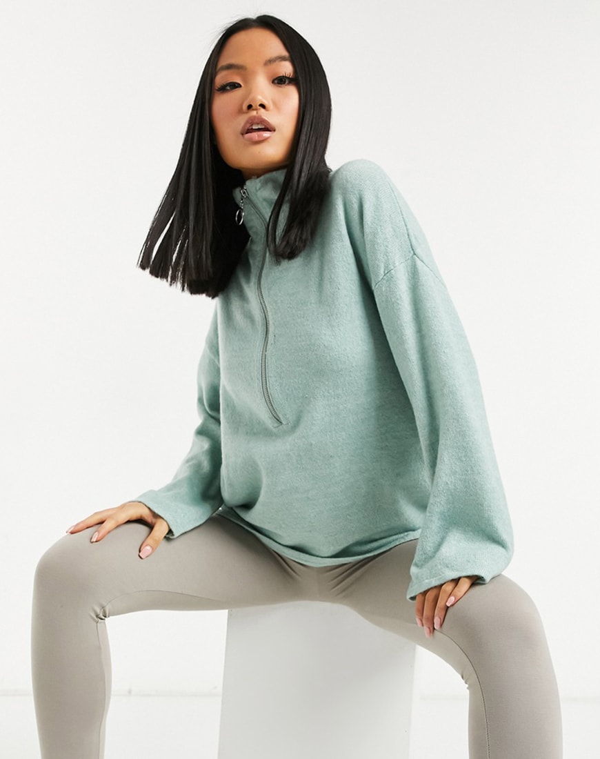 ASOS DESIGN Petite jumper with zip through and wide sleeves in blue | ASOS Style Feed