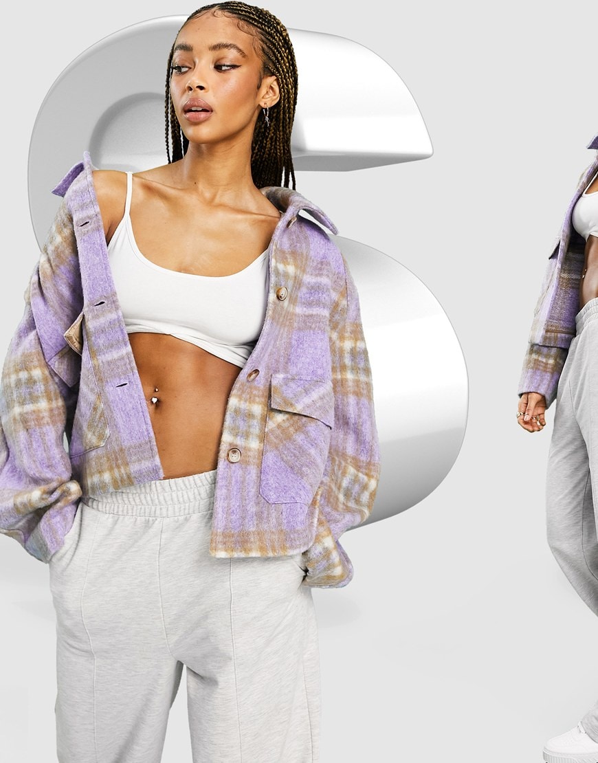 Model wearing ASOS DESIGN check shacket in lilac