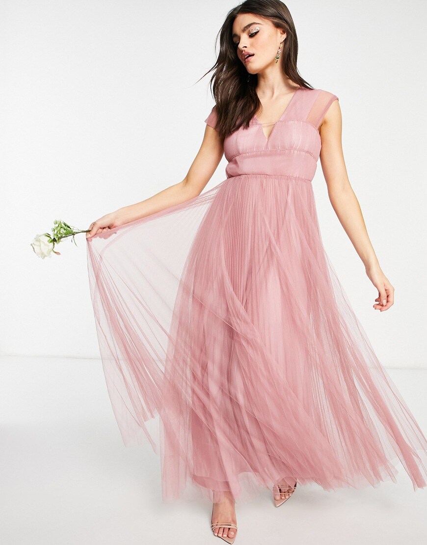 ASOS DESIGN tulle plunge maxi dress with shirred sleeves in rose | ASOS Style Feed