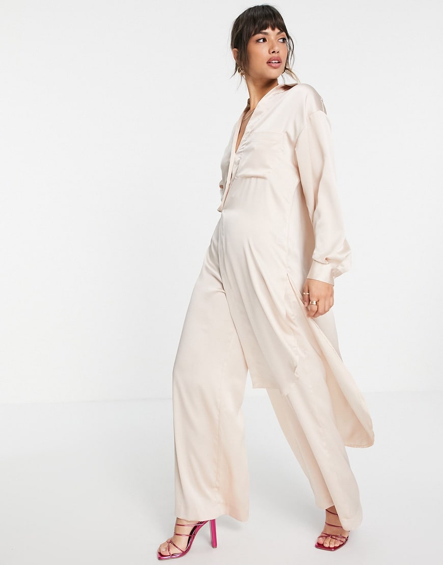 ASOS DESIGN long line satin shirt in oyster co-ord | ASOS Style Feed