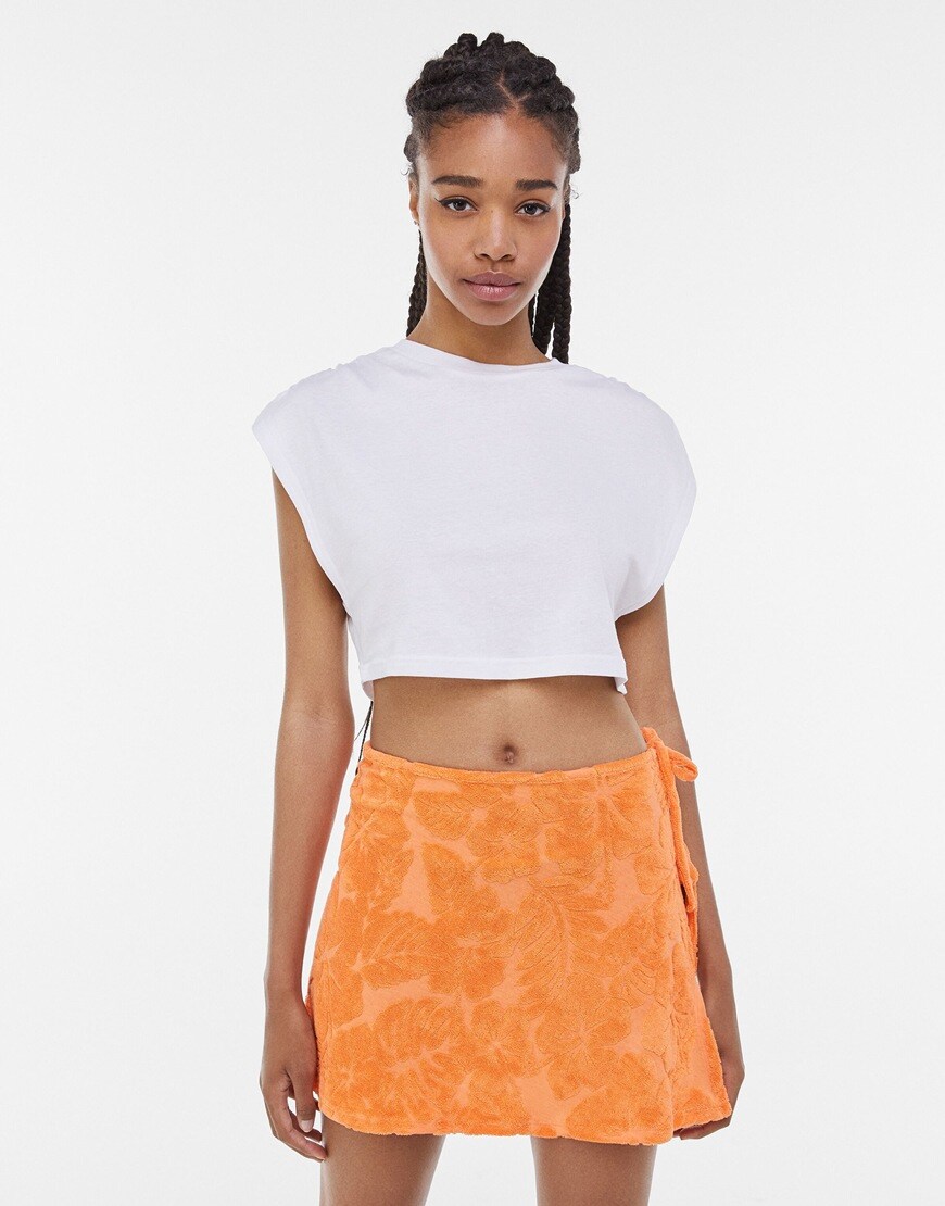 Bershka towelling floral wrap mini skirt co-ord in orange | ASOS Style Feed