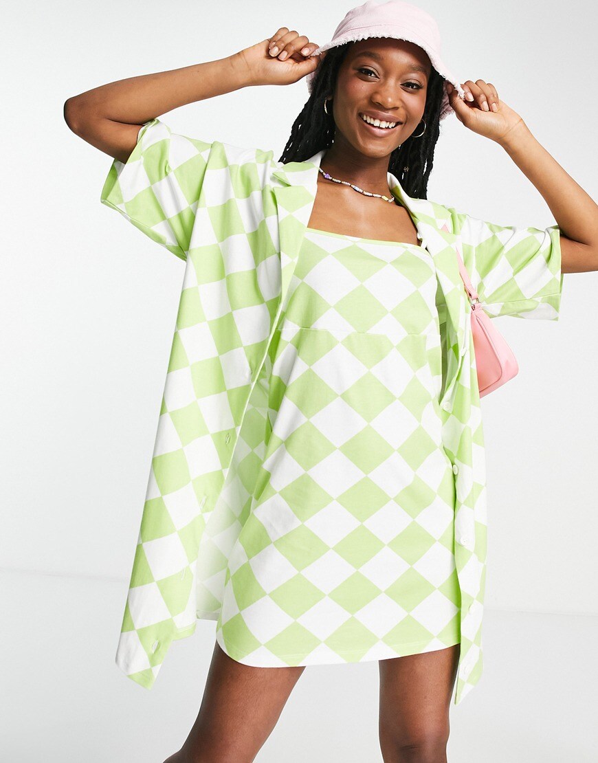 ASOS DESIGN 2 in 1 shirt with cami mini dress in green harlequin print | ASOS Style Feed