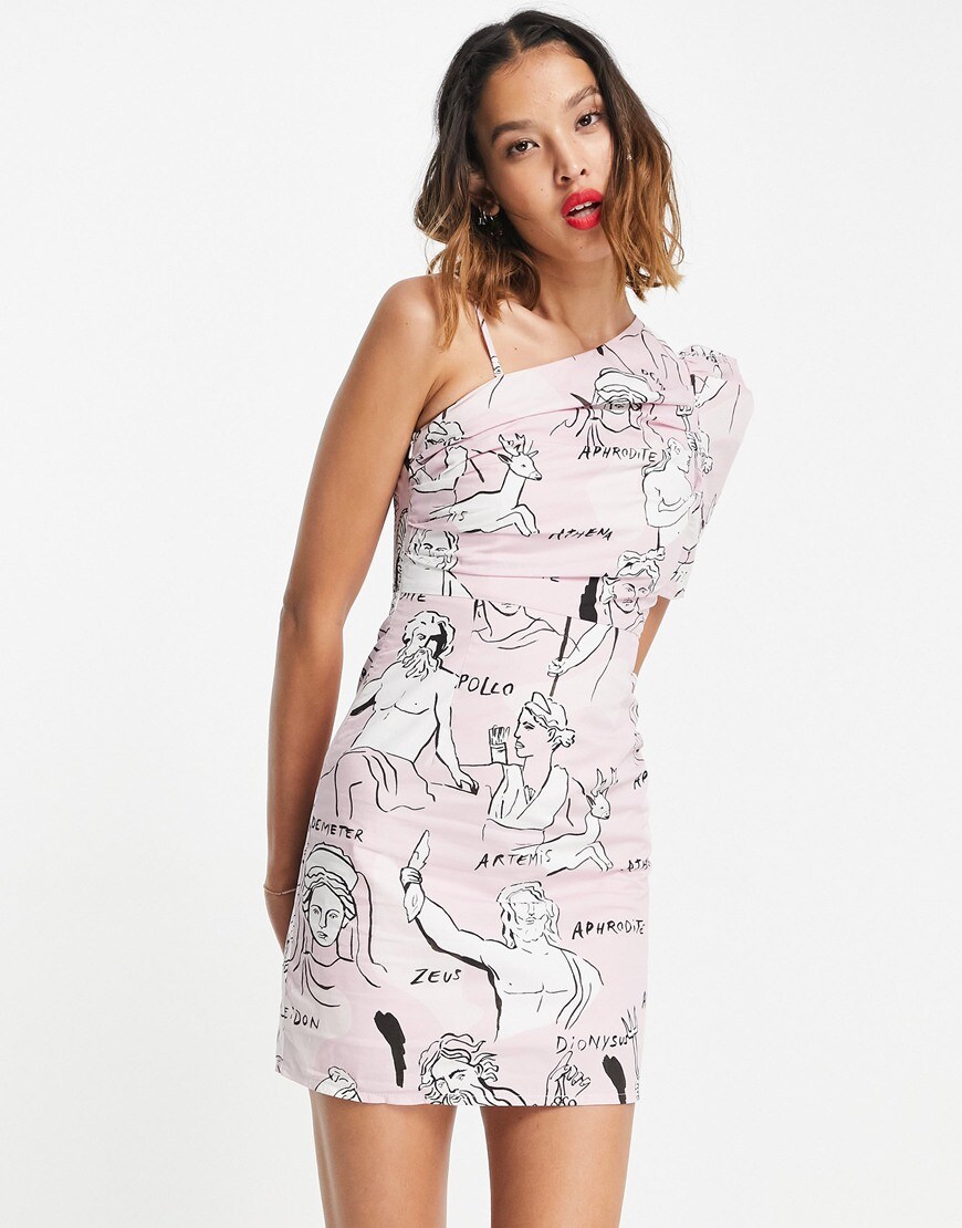 Urban Revivo statue print one shoulder mini dress in pink | ASOS Style Feed