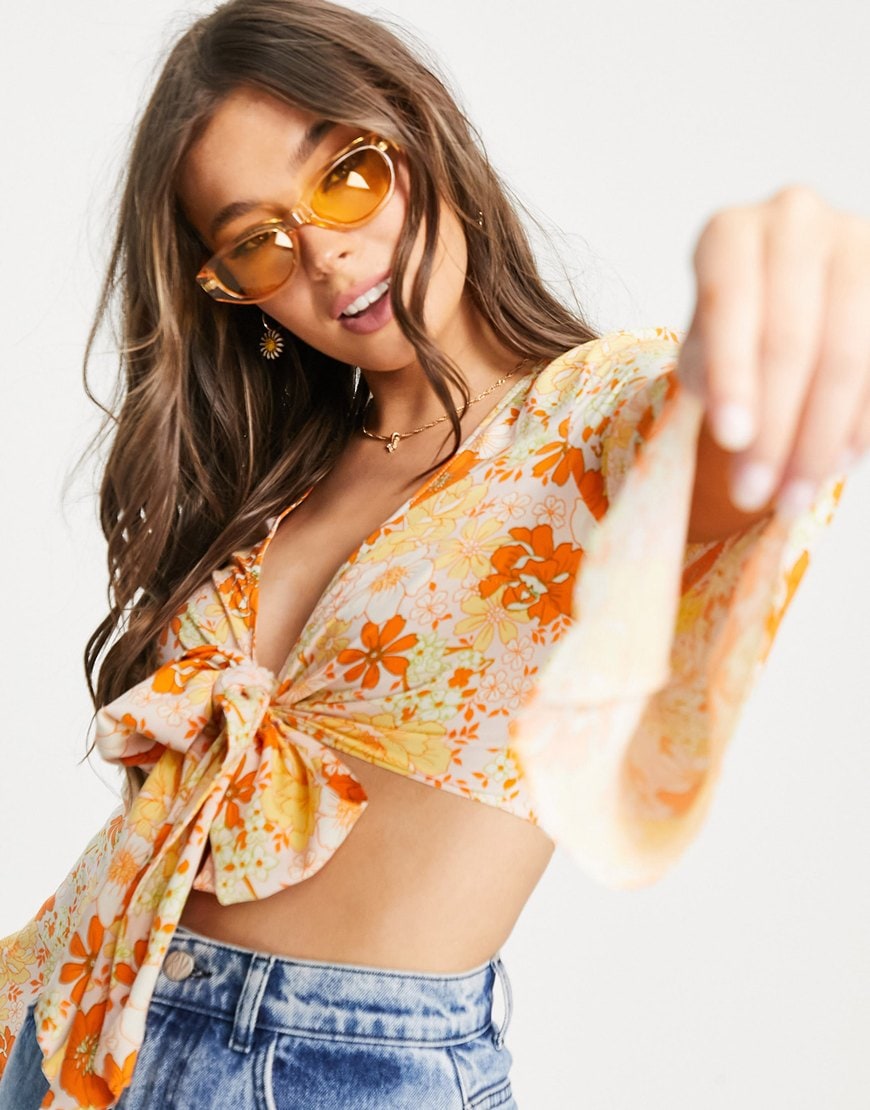 ASOS DESIGN tie front crop top with flared sleeve in orange floral | ASOS Style Feed