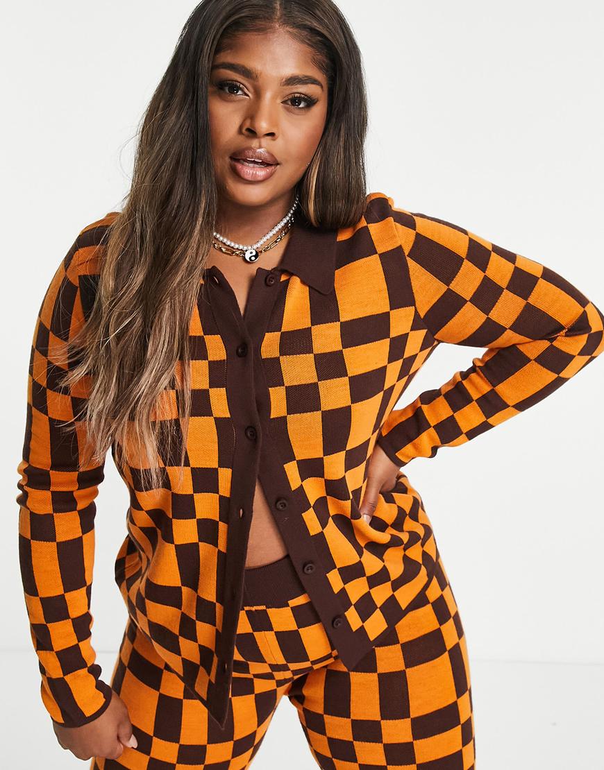 Model wears a checkerboard effect knit cardigan in bright orange and brown. She also wears the matching trousers. | ASOS Style Feed