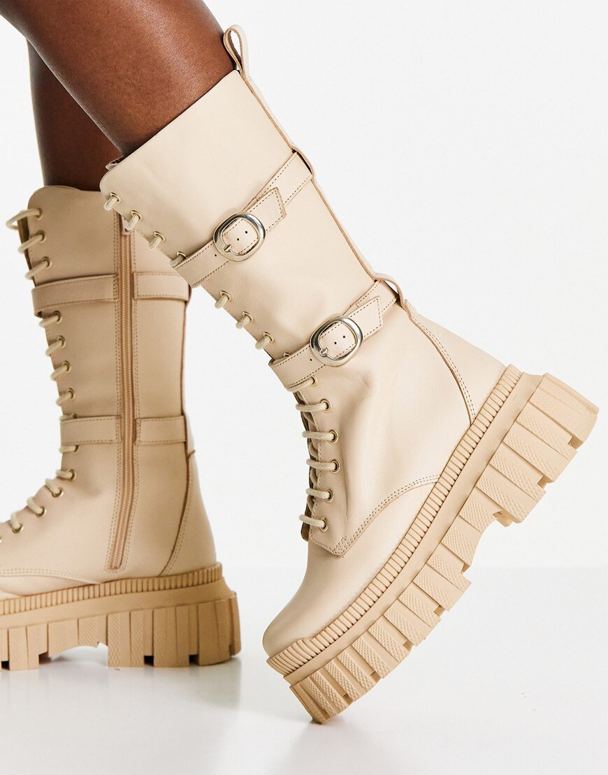 ASOS DESIGN Cosmic premium leather chunky lace-up knee boots in beige | ASOS Style Feed