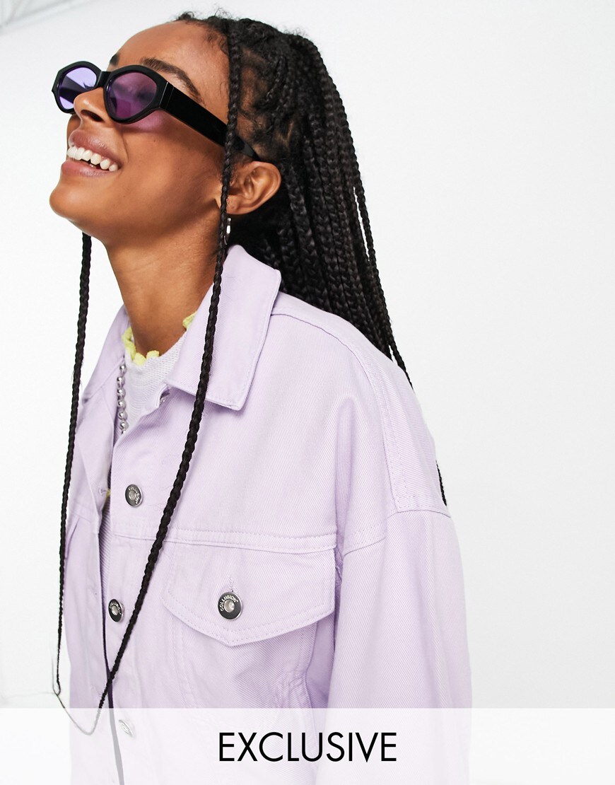 An woman wearing a purple denim jacket by COLLUSION | ASOS Style Feed