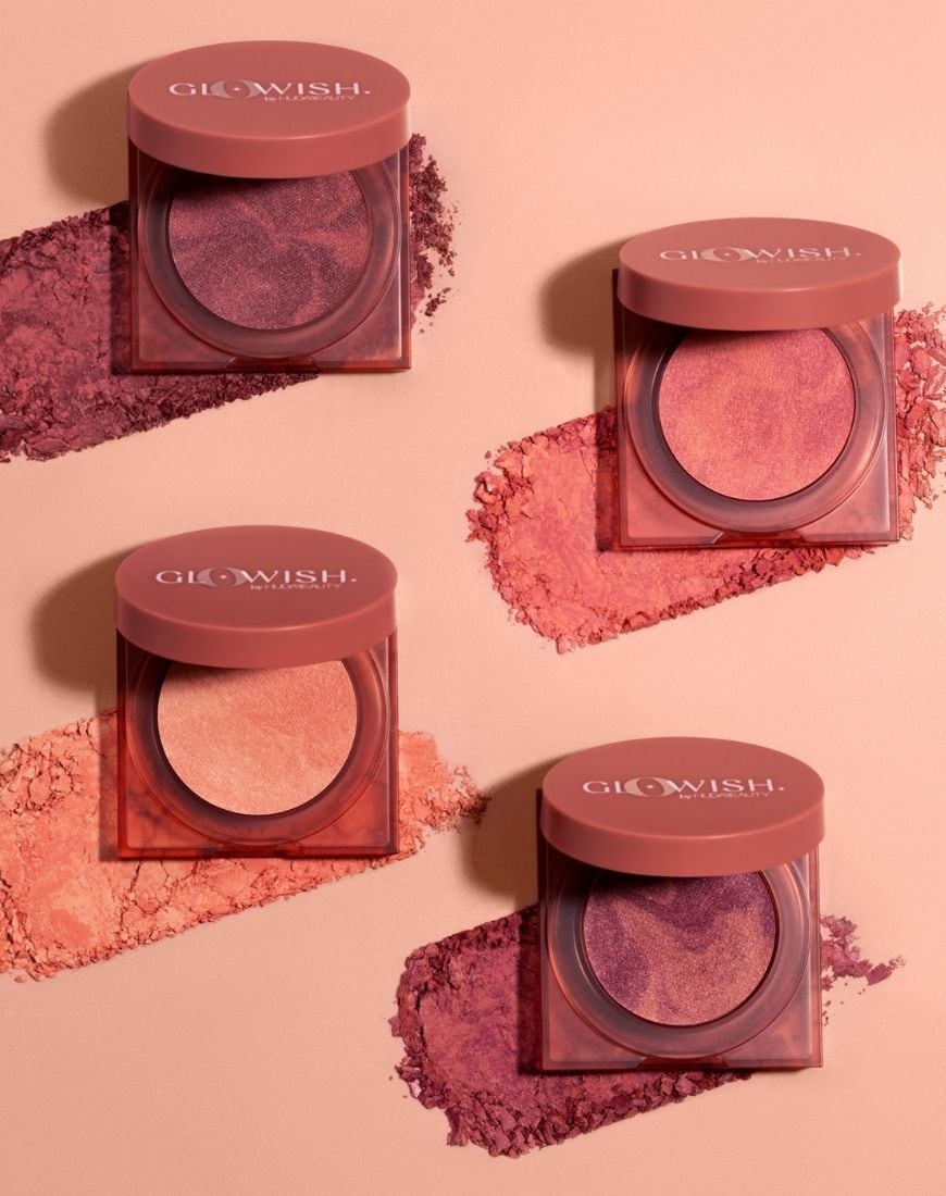 A picture showing four of the shades of the Huda Beauty GloWIsh Cheeky Vegan Blush Powder. | ASOS Style Feed