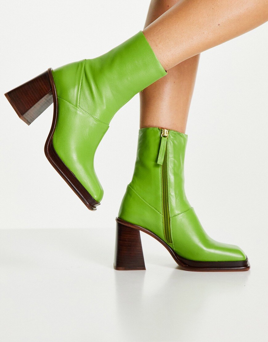 ASOS DESIGN Rochelle premium leather platform heeled boots in green | ASOS Style Feed