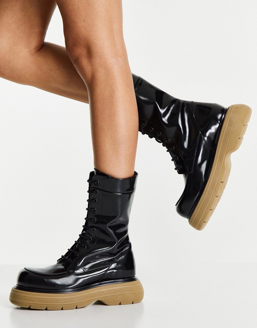 ASOS DESIGN Alicia premium leather chunky lace up boots in black with beige sole | ASOS Style Feed