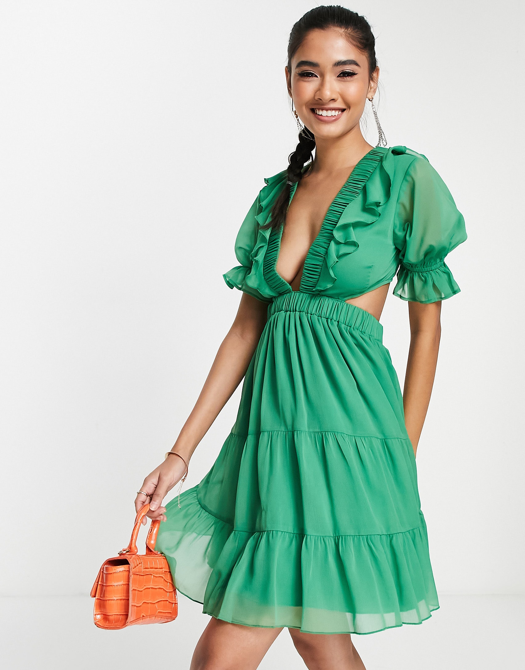 Model wears a gorge ASOS DESIGN mini tea dress in chiffon with tiered skirt and lace up back in green. | ASOS Style Feed