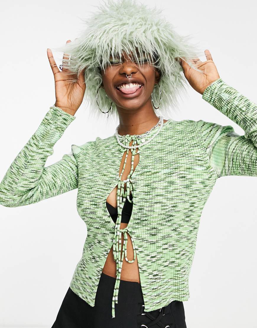 ASOS DESIGN cardi in space dye with tie front detail in green | ASOS Style Feed