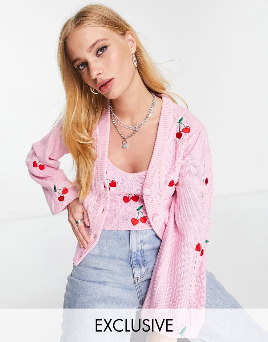 Reclaimed Vintage Inspired cable cardigan with cherry embroidery in pink set | ASOS Style Feed