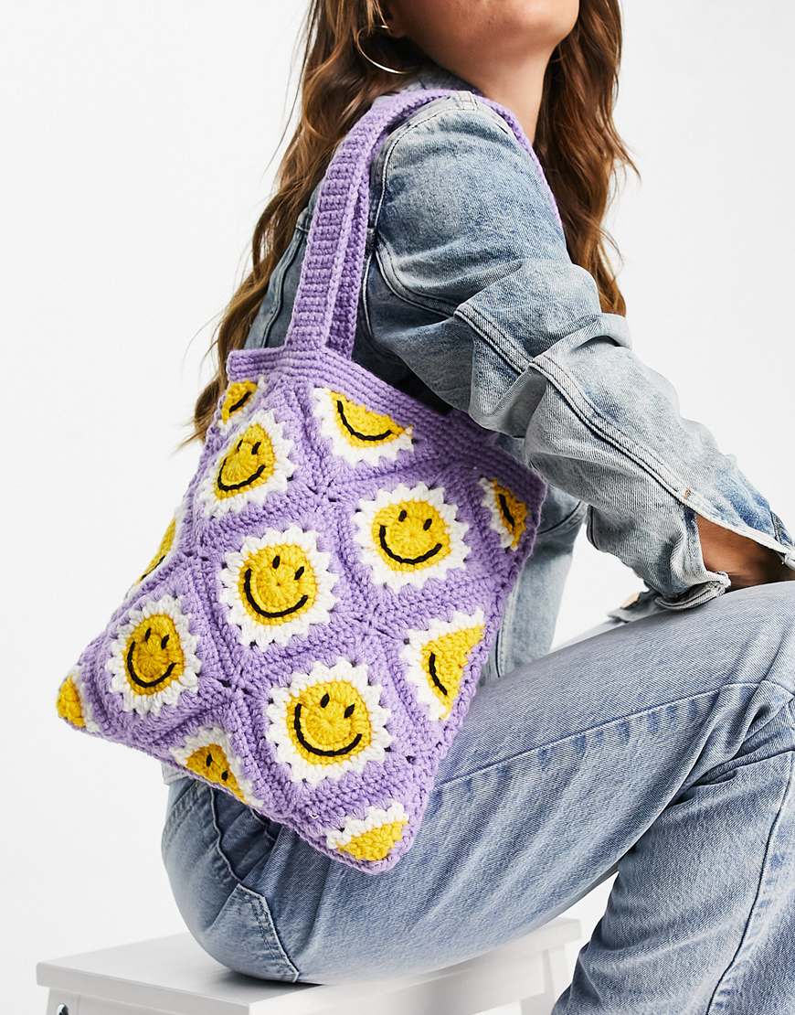ASOS DESIGN shopper bag in happy face crochet | ASOS Style Feed