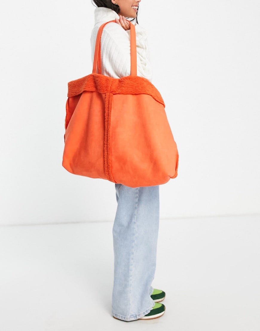 Topshop borg shearling mix tote in orange | ASOS Style Feed